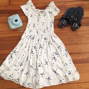 lulus blue and white print-off the shoulder dress